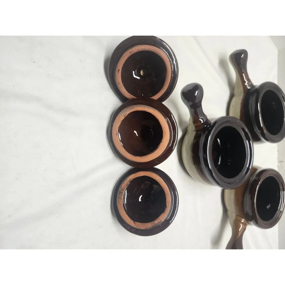 Vintage Brown Glazed Ceramic French Onion Soup Crocks with Lids Set of 3